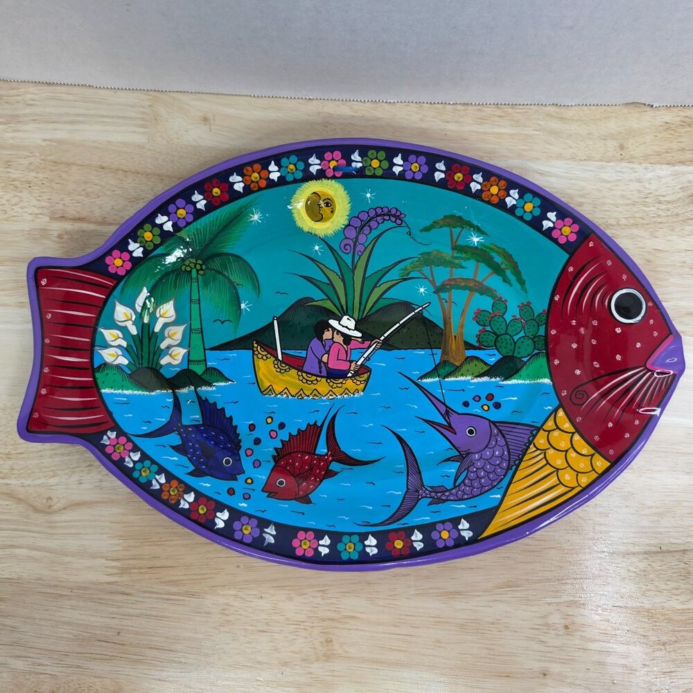 Rafael Marcos Mexican Folk Art Fish Plate Wall Hanging Hand Painted Terracotta